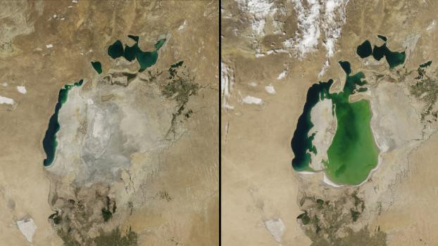 Аралско море сега (вляво) и през 2000 година